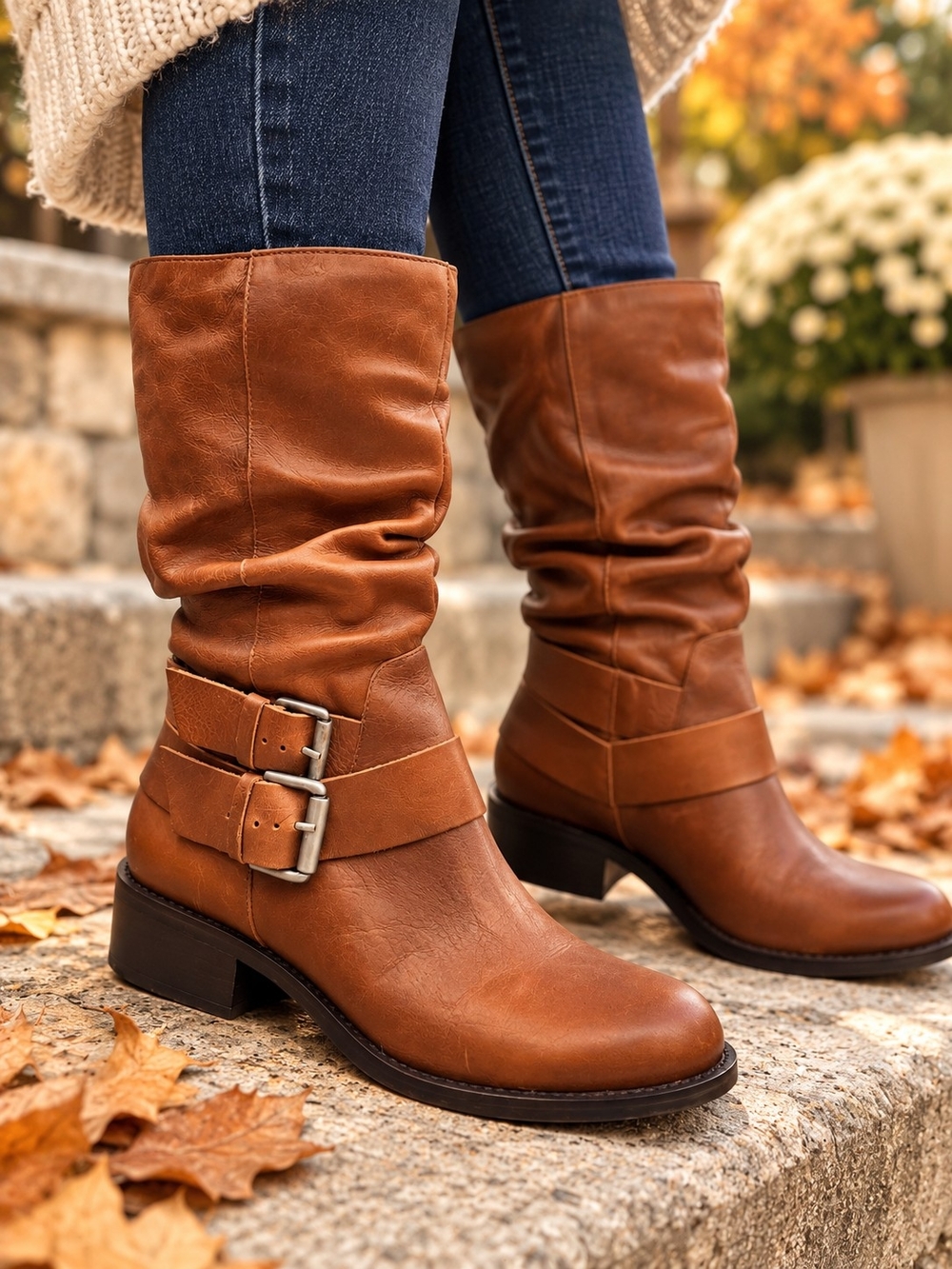 Matisse Robbie Brown Leather Moto Boots Size 8 Double Buckle Slouch Harness